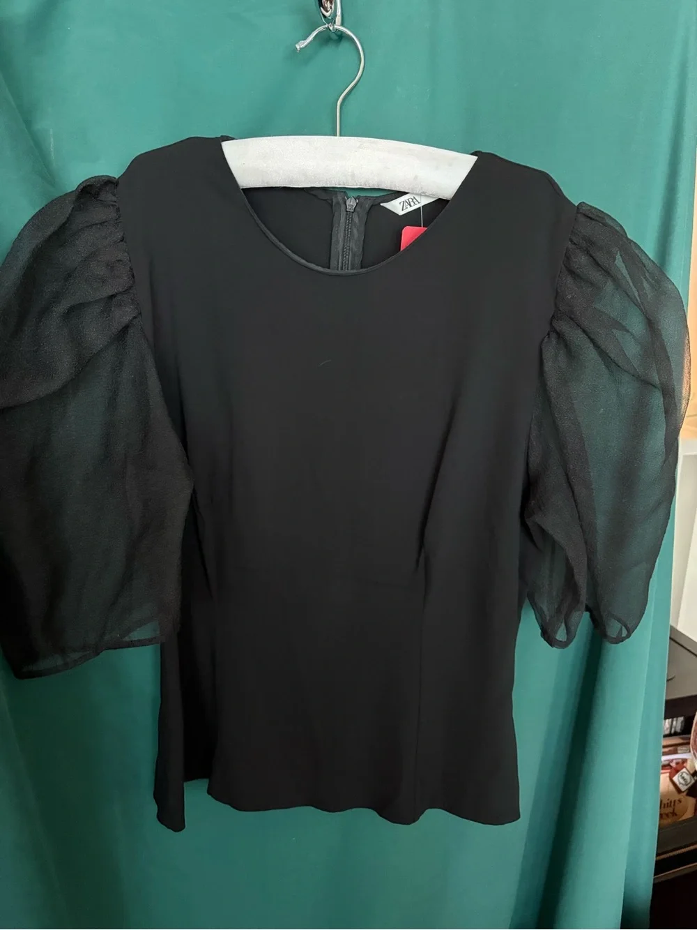 Zara Black chiffon Puff-Sleeve Blouse - Picture 3 of 8